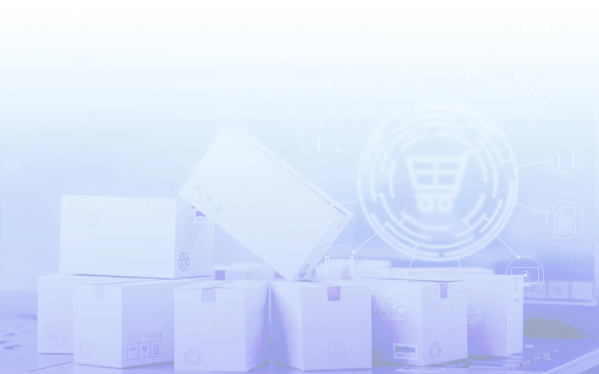 An abstract representation of e-commerce logistics, featuring boxes and digital shopping icons in a pale blue overlay, suggesting a focus on online sales and distribution.