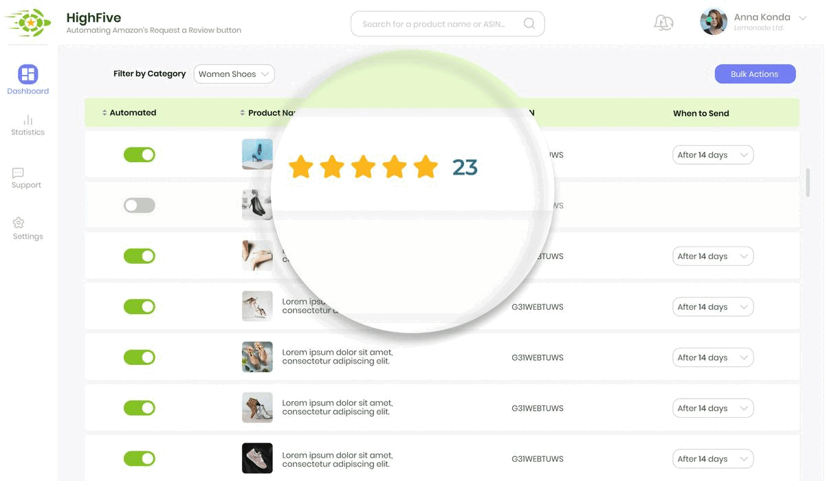 Screenshot of the 'HighFive' software interface showing an automation toggle for Amazon's 'Request a Review' button, with a focus on the number of reviews for a product.