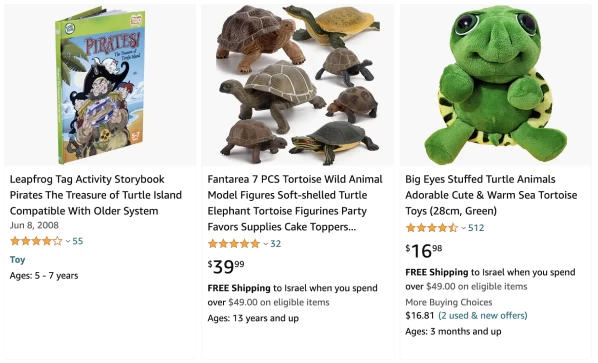 A product listing page showcasing three items: a Leapfrog Tag Activity Storybook, a set of 7 tortoise wild animal model figures, and a stuffed turtle animal toy, each with their price, rating, and shipping details.