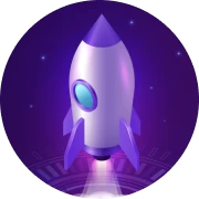 A stylized graphic of a purple rocket ship taking off, potentially representing growth, scaling, or quick start services for online businesses.
